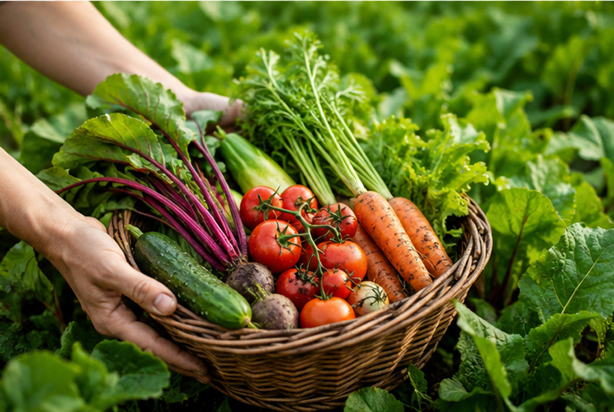 Fresh vegetables harvested from a home garden after months of care.
