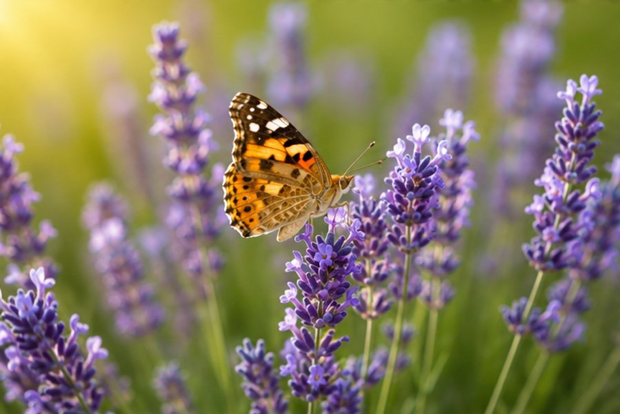 Butterfly resting on lavender flowers in a peaceful garden.