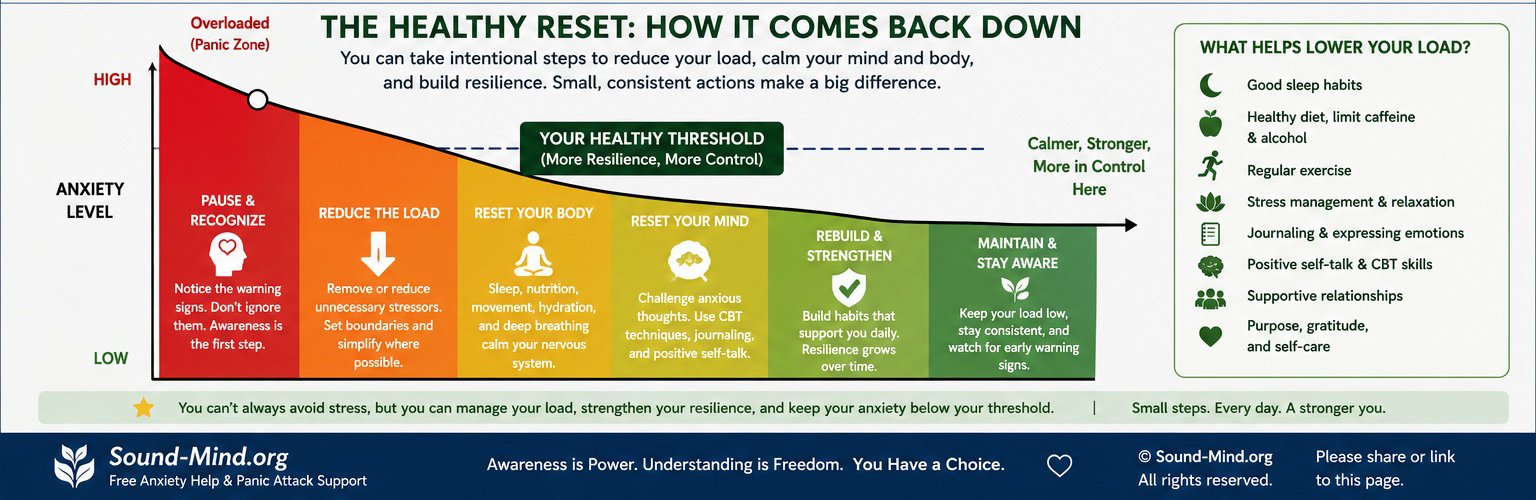 Diagram showing how intentional steps such as recognizing warning signs, reducing stress, resetting the body and mind, building healthy habits, and staying aware can help lower overall anxiety and return to a healthier threshold.